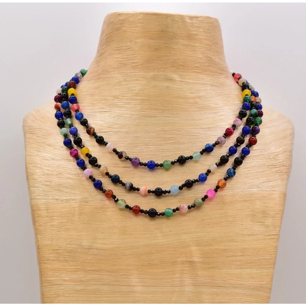 Vintage Multi-Strand Colorful Glass Cabochon Beaded Necklace Crystal 1980s BinAU